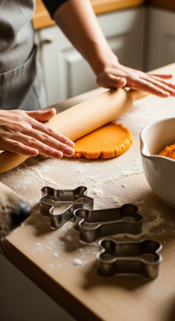 Lifestyle shot of a person's hands rolling out dog treat dough on a flour-dusted wooden counter with bone-shaped cookie cutters nearby. Show the process mid-action with a mixing bowl of orange sweet potato dough visible.
