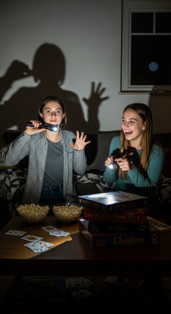 Teens playing flashlight games in a dark room