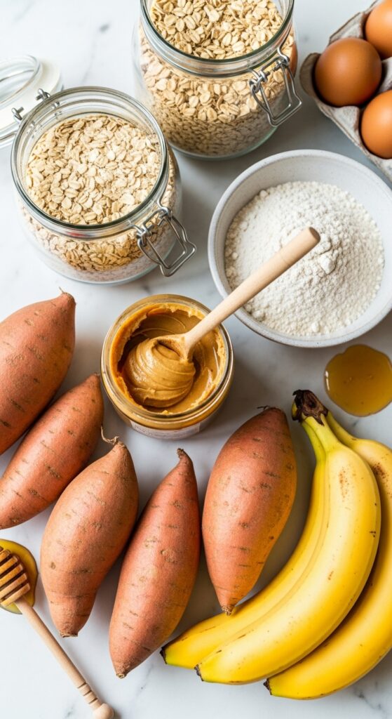 pantry ingredients arranged artfully on a white marble counter: jar of peanut butter with a wooden spoon, sweet potatoes, rolled oats in a glass jar, 