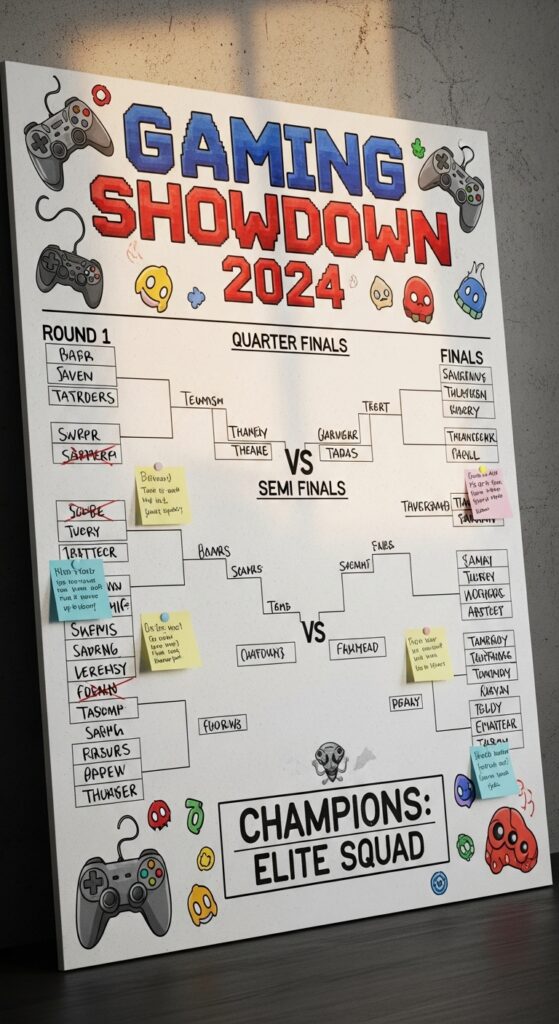 Poster board with game tournament bracket]