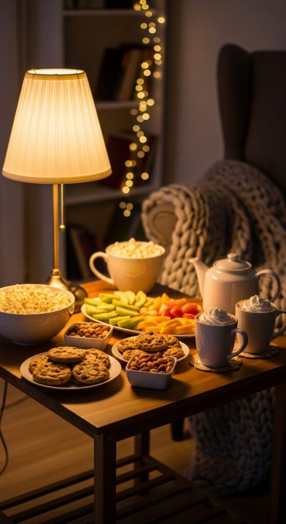 Snack table with treats and cozy lighting