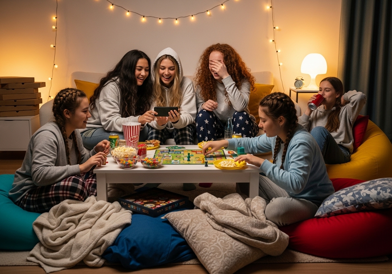 Teens laughing and playing games at a cozy sleepover