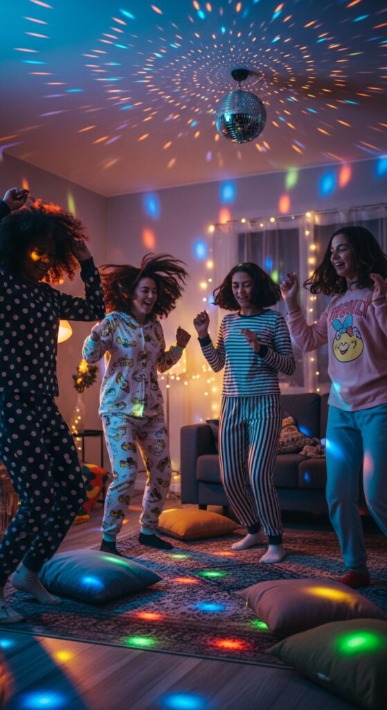 Teens dancing in pajamas under colorful disco lights