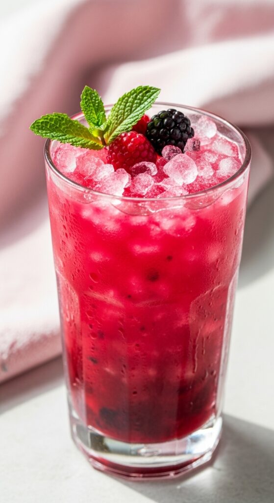 Pink beet and berry mocktail with crushed ice, mint garnish, and pastel napkin background.]