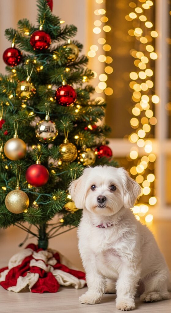 A small fluffy white dog sitting beside a 2-foot pre-lit Christmas tree with red and gold ornaments, shot at dog's eye level with the tree lights creating a warm bokeh effect in the background