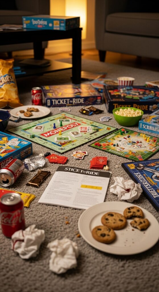 Board games and snacks scattered on the floor