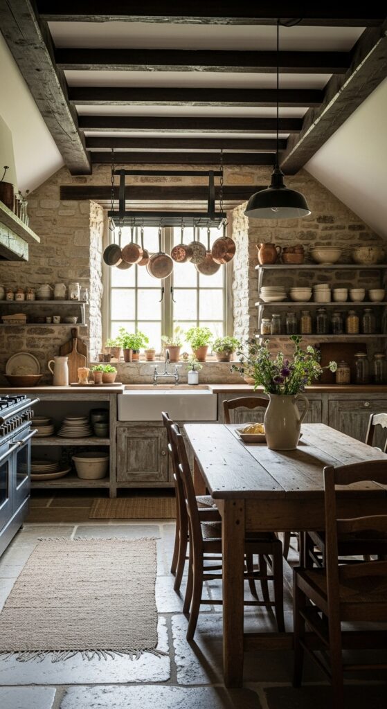 Soft European farmhouse kitchen with stone walls and wood beams