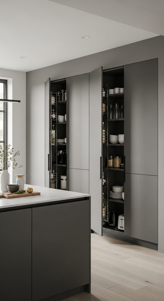 Sleek floor-to-ceiling hidden kitchen storage with push-to-open doors