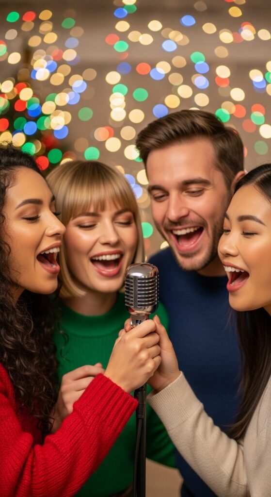 Friends holding a microphone and enthusiastically singing into it, with Christmas lights twinkling in the background