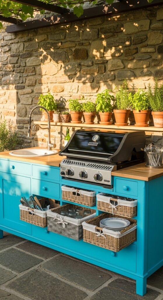 Outdoor kitchen made from a repurposed dresser painted for outdoor use