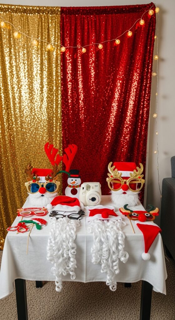 A makeshift photo booth area with a sequin backdrop and a collection of funny Christmas-themed props like oversized glasses, Santa hats, and fake beards