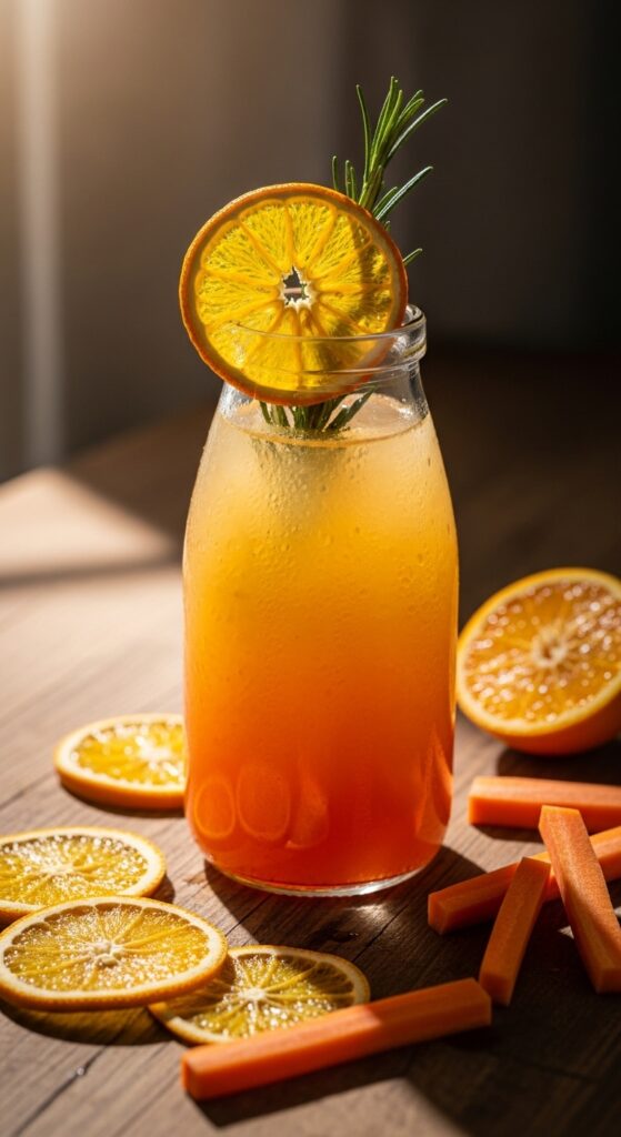 Orange-toned mocktail in a glass bottle with sliced oranges and carrots nearby.