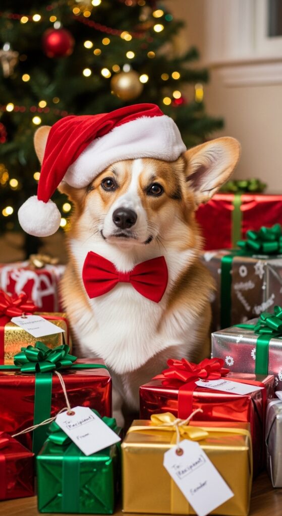 A corgi wearing a red velvet Santa hat and matching bow tie, looking slightly skeptical but adorable, sitting next to a pile of wrapped gifts with a Christmas tree blurred in the background