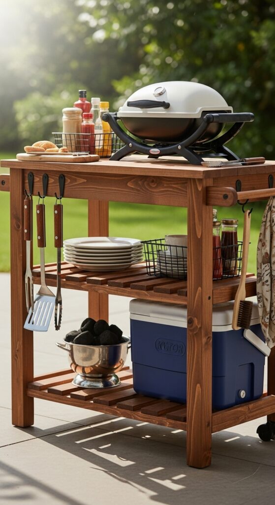 Small portable kitchen cart with shelves, grill tools, and a tabletop surface