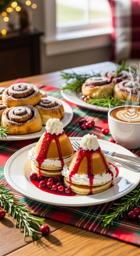 A beautiful spread of holiday-themed brunch food: pancakes shaped like Santa hats, glazed cinnamon rolls, and coffee
