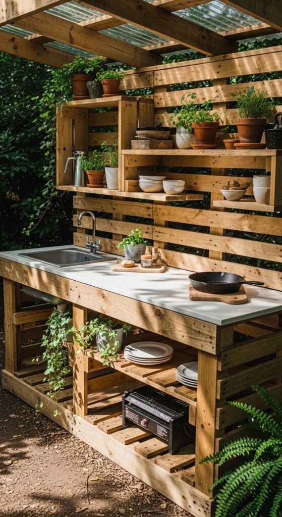 Rustic outdoor kitchen made from wooden pallets with shelves and countertop