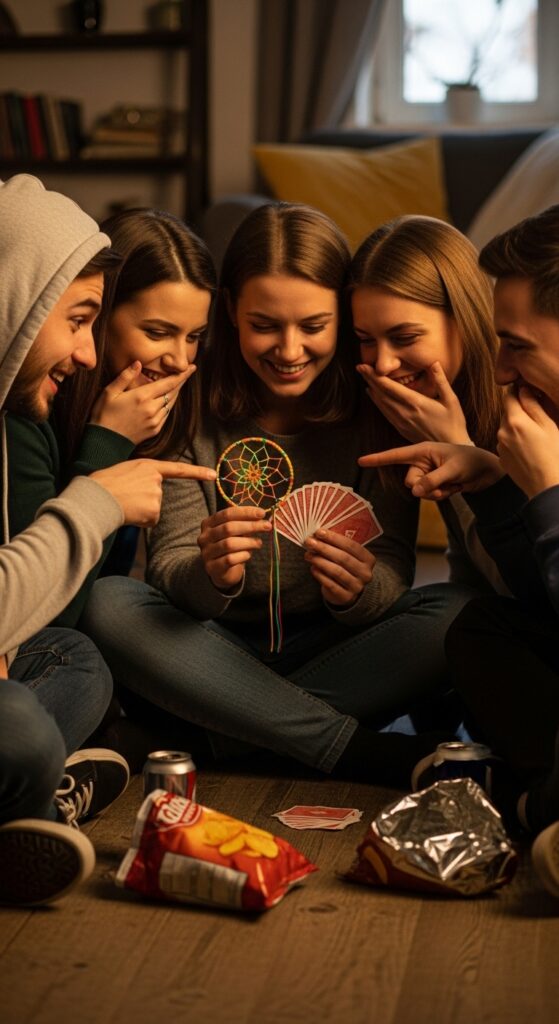 A group of people sitting on the floor, one holding a deck of cards or a makeshift cootie catcher, laughing conspiratorially