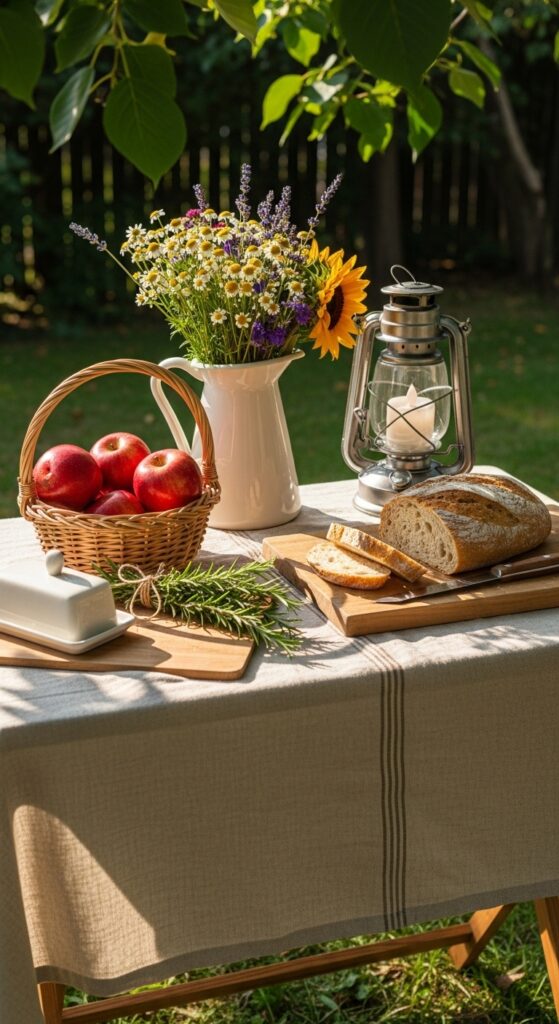 Outdoor folding table styled as a makeshift kitchen counter with tablecloth and décor
