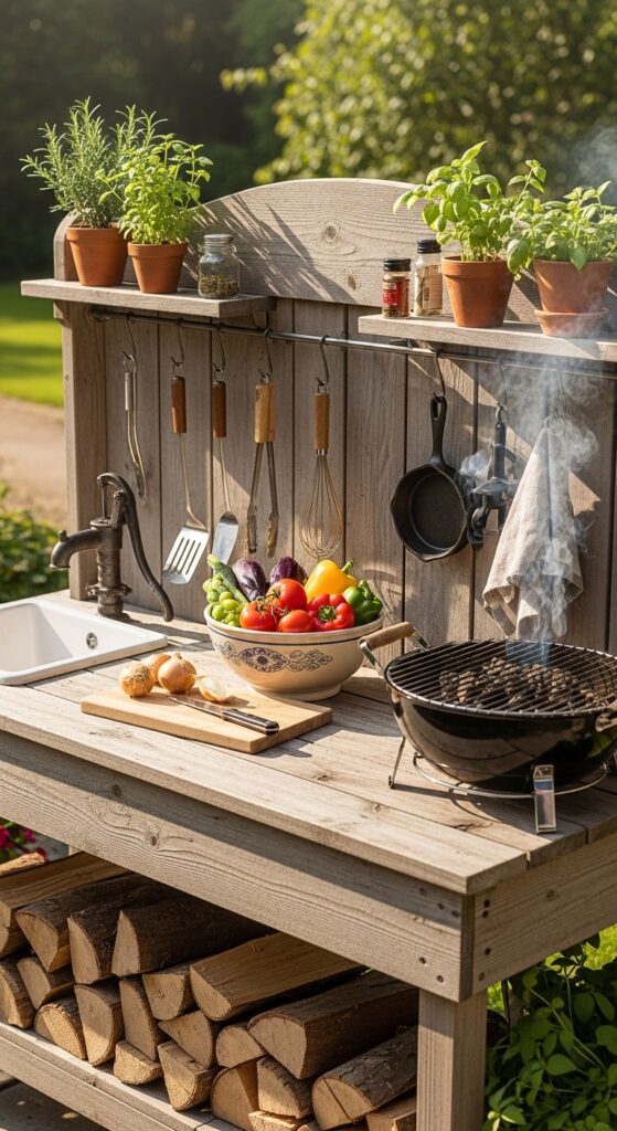 Wooden potting bench styled as an outdoor cooking station with hooks and shelves