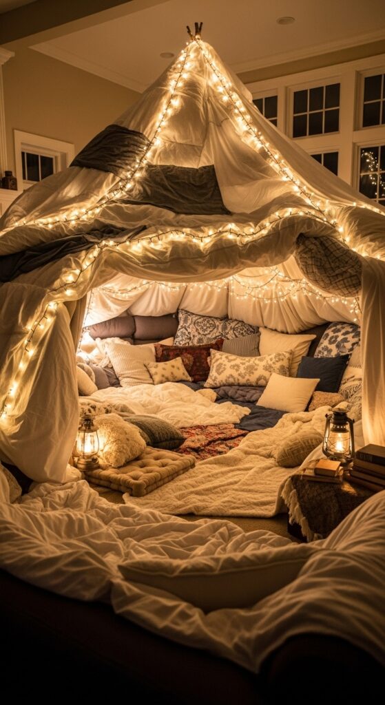 A beautifully lit, massive living room blanket fort with pillows and string lights, looking incredibly cozy