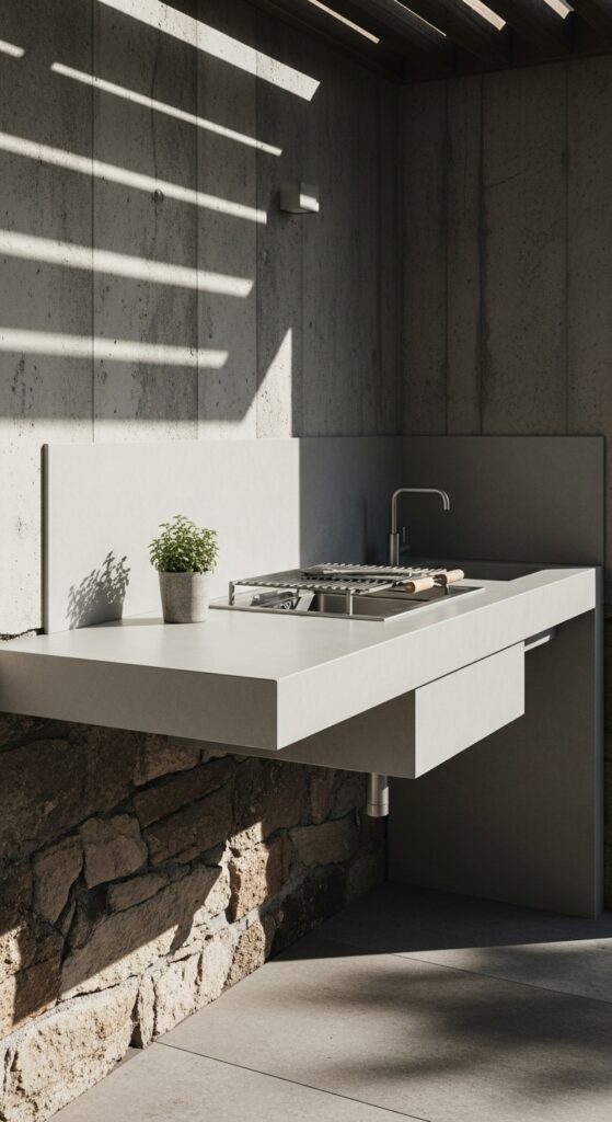 Minimalist outdoor cooking space with a small concrete countertop