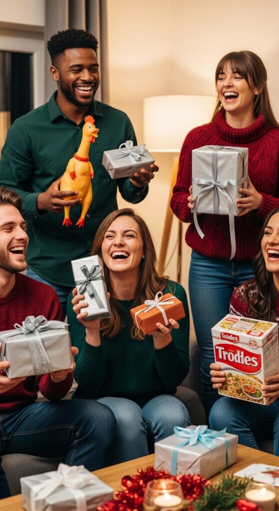 A group of friends laughing while holding funny, inexpensive wrapped white elephant gifts