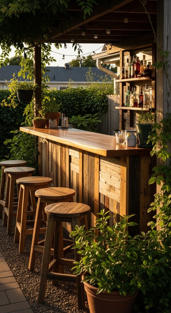 Small backyard bar made with reclaimed wood and stools