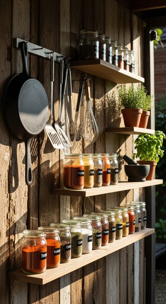 Outdoor wall with floating shelves holding cooking tools and spices