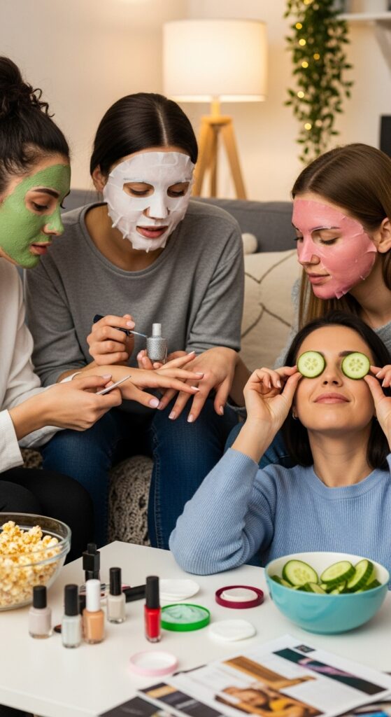 Friends doing face masks, painting nails with glitter polish, and relaxing with cucumber slices over their eyes