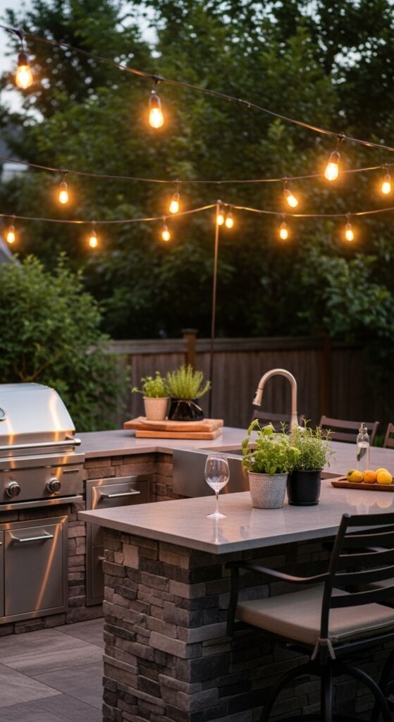 Backyard outdoor kitchen with warm string lights hanging overhead