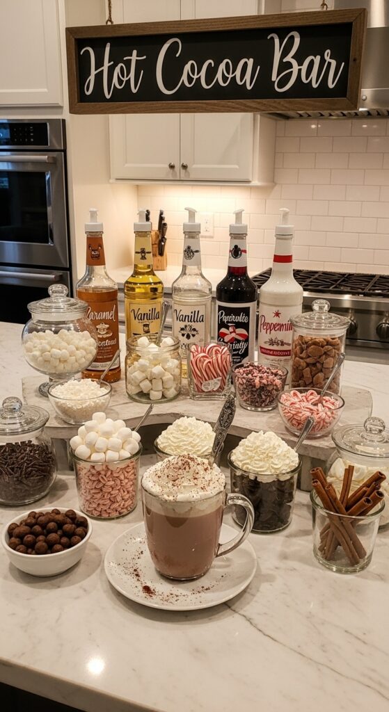  A stylish hot cocoa bar setup on a kitchen counter with different flavored syrups, marshmallows, candy canes, and a large mug of cocoa