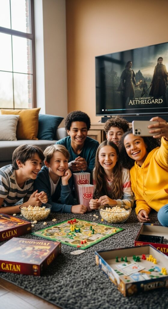 group of teens laughing while playing board games and watching movies