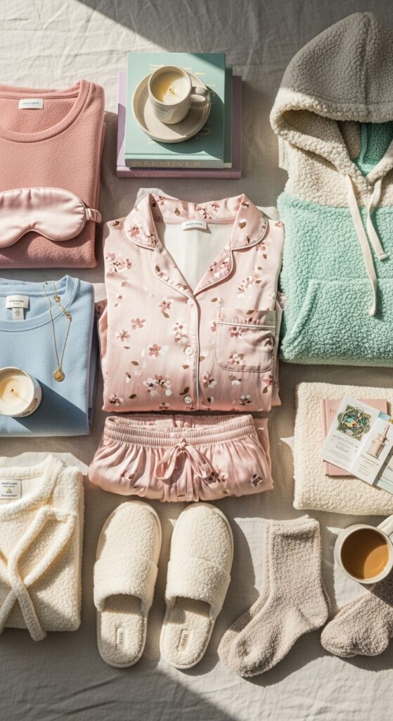 neatly laid out outfit flat lay with casual clothes and sleepover accessories