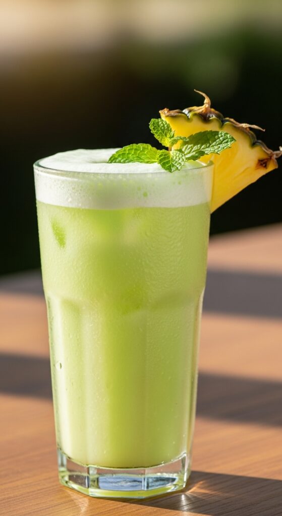 Frosted glass with cucumber slices and melon balls in a pastel mint-green background.