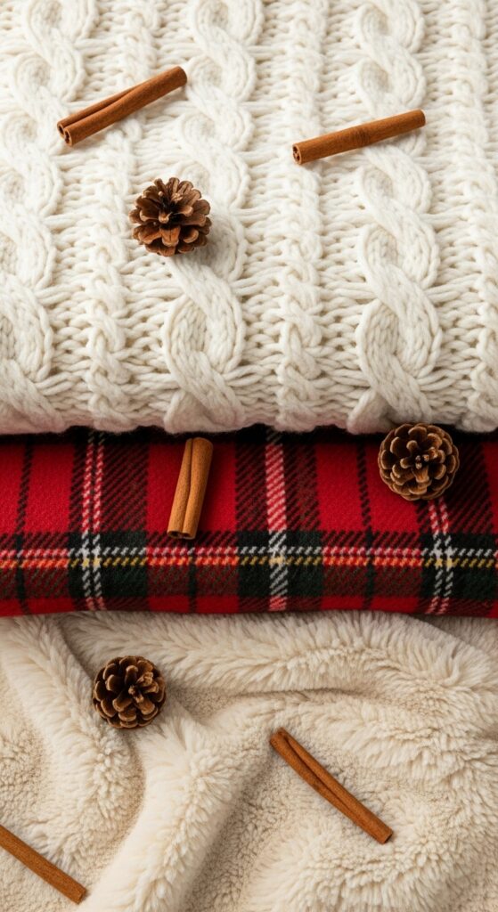 Close-up flat lay of layered Christmas blankets 