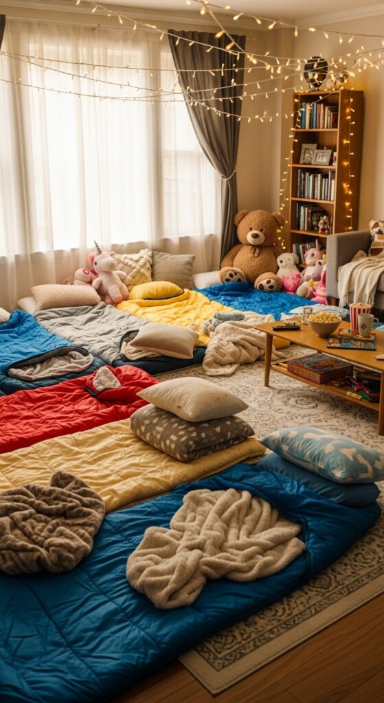 cozy sleeping bag setup with pillows and blankets for a sleepover
