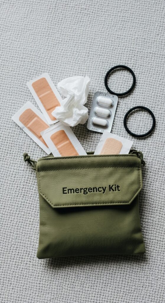 small pouch with first aid items, charger, and extra hair ties labeled emergency kit