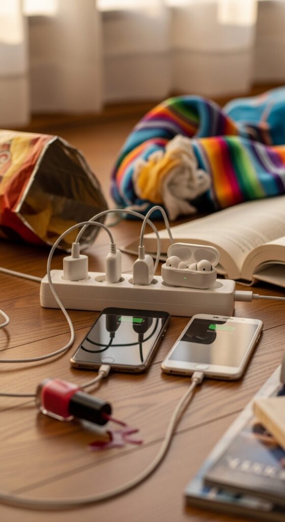 phone charging station with earbuds and portable charger at a sleepover setup