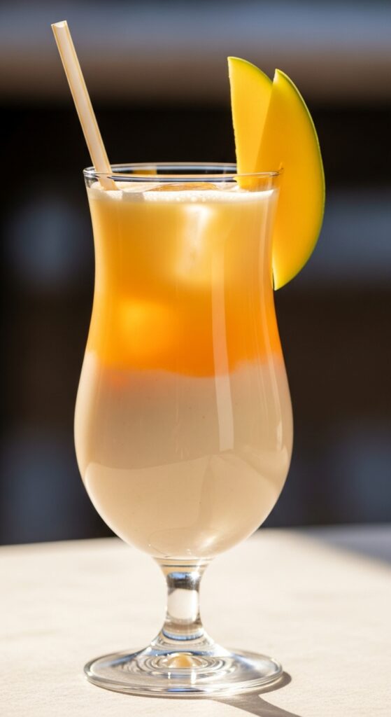 Layered pastel orange and cream mocktail with a straw and mango garnish