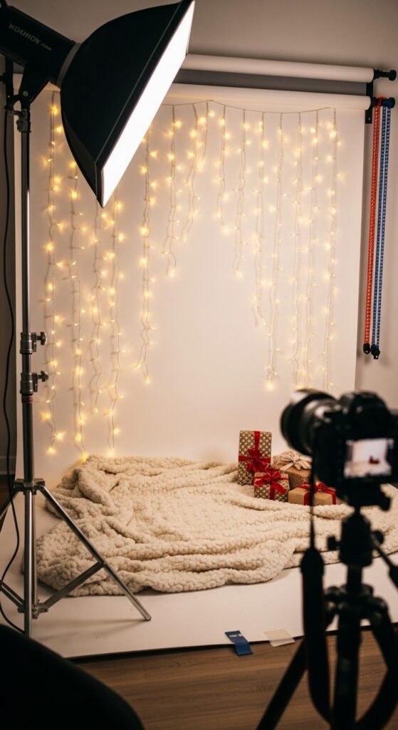 Behind-the-scenes setup shot showing fairy lights draped on a white backdrop, a fluffy blanket on the floor, wrapped presents, and photography equipment visible, taken from a side angle to show the full DIY setup