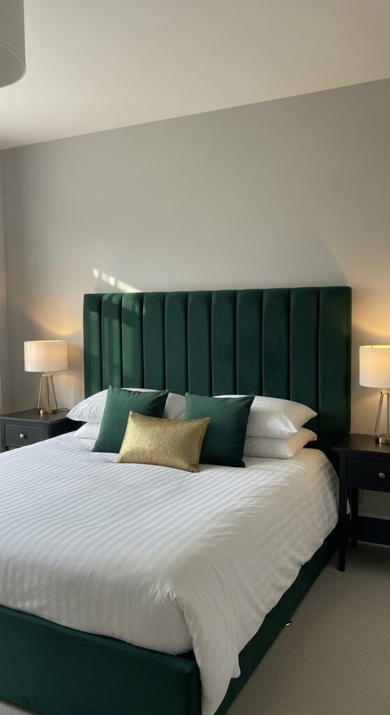 A stylish bedroom headboard as a prominent feature, whether upholstered, wooden, or with an artistic design