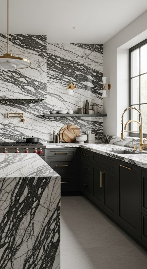 A kitchen island made entirely from dramatic veined stone