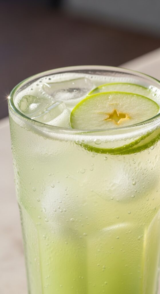 Light pastel green mocktail with apple slices floating in glass.