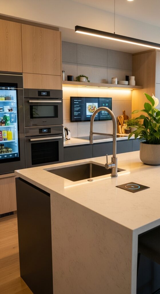 Sleek floor-to-ceiling hidden kitchen storage with push-to-open doors