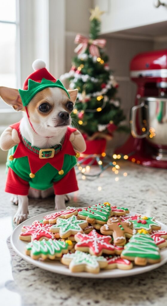 A small chihuahua wearing a green and red elf costume sitting on a kitchen counter next to a plate of decorated Christmas cookies, looking curious, shot with bright natural lighting and a festive kitchen background slightly out of focus