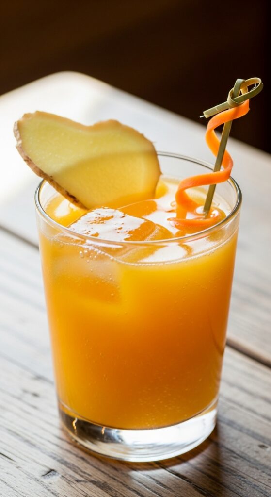 Orange mocktail with ginger slice and carrot curl garnish.