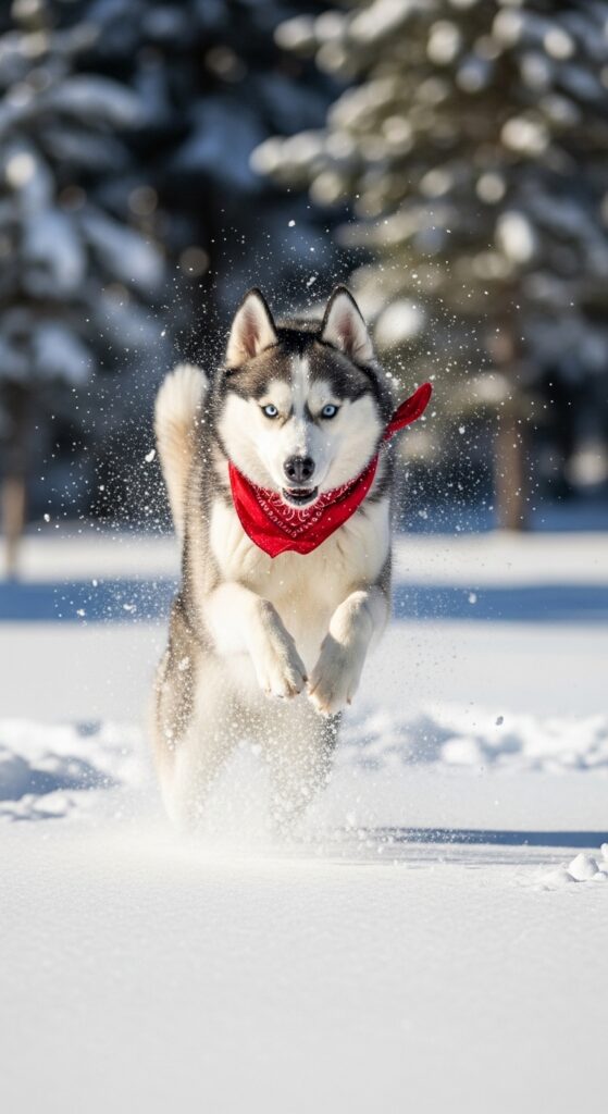 A husky mid-jump in fresh snow with snowflakes falling around them, wearing a red bandana, captured with fast shutter speed to freeze the action, snowy pine trees blurred in the background, bright winter daylight