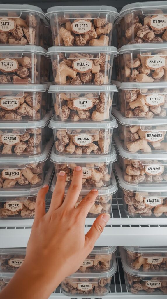 Lifestyle shot showing a freezer organized with multiple containers of frozen dog treats, clearly labeled with cute handwritten tags showing dates and flavors. The freezer should look full but organized, suggesting this is a regular routine. In the foreground, show a hand reaching for one of the containers.