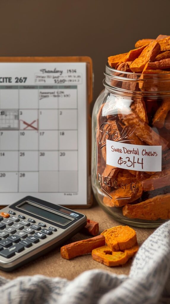 Lifestyle shot showing the economics: A monthly calendar or planner with 'dog dental chews' crossed out from the shopping list.