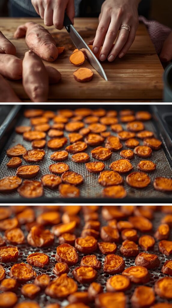 Process montage showing the transformation: Top of image shows fresh sweet potato being sliced with a knife on a cutting board.